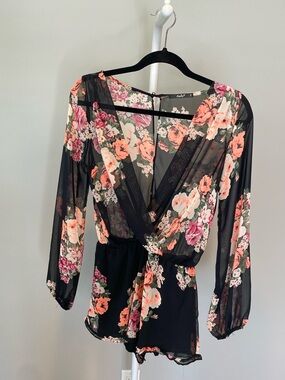 Papaya Black Floral Romper with Coral and Pink Blooms